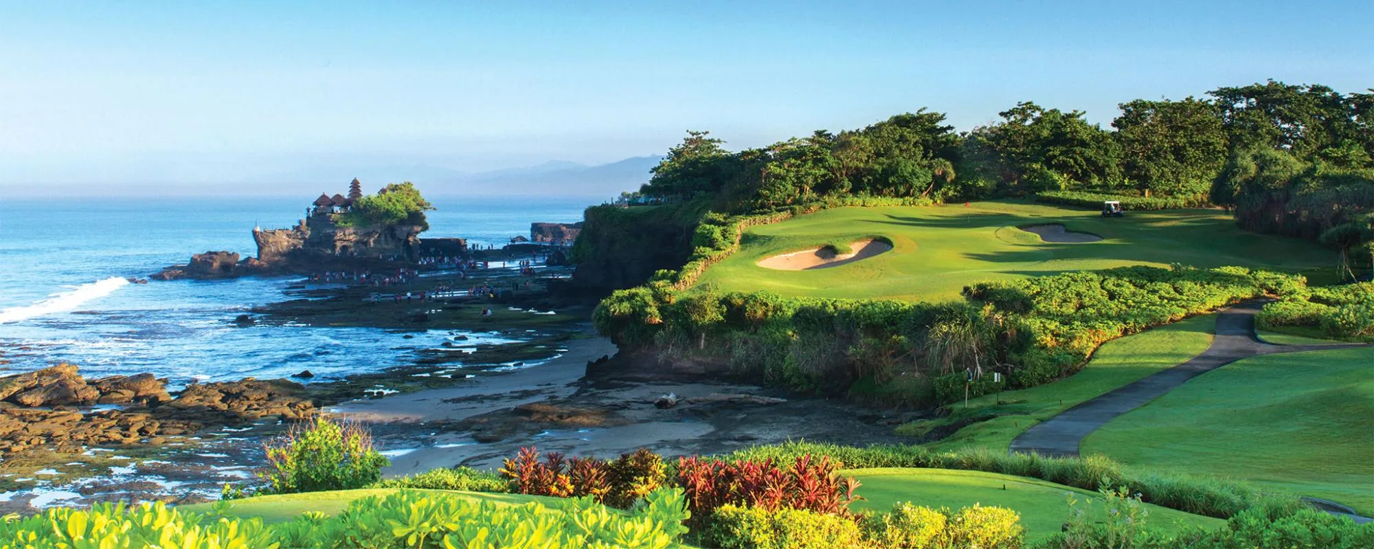 The green beside Pura Tanah Lot at Nirwana Bali Golf Club, Tabanan, Bali — the course has been closed since 2017
